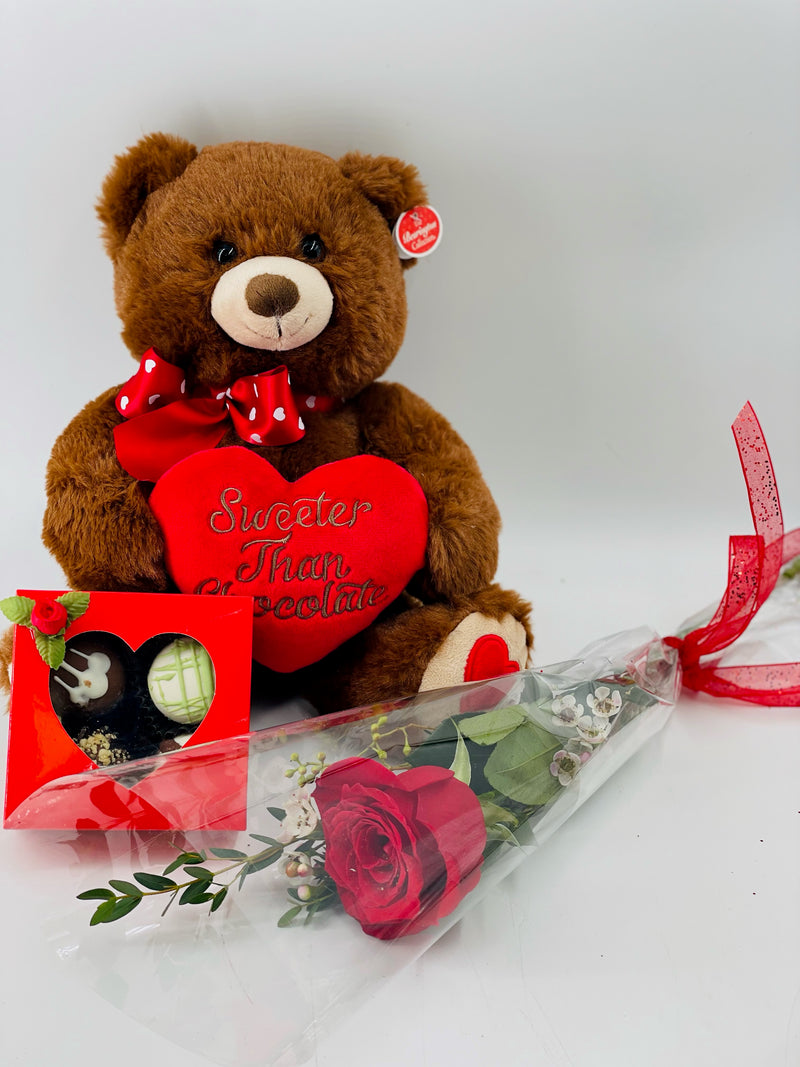 Spectacular Single Rose with Teddy bear and chocolate truffles