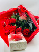Dozen Long Stem Red Roses wrapped  With Box of Chocolate