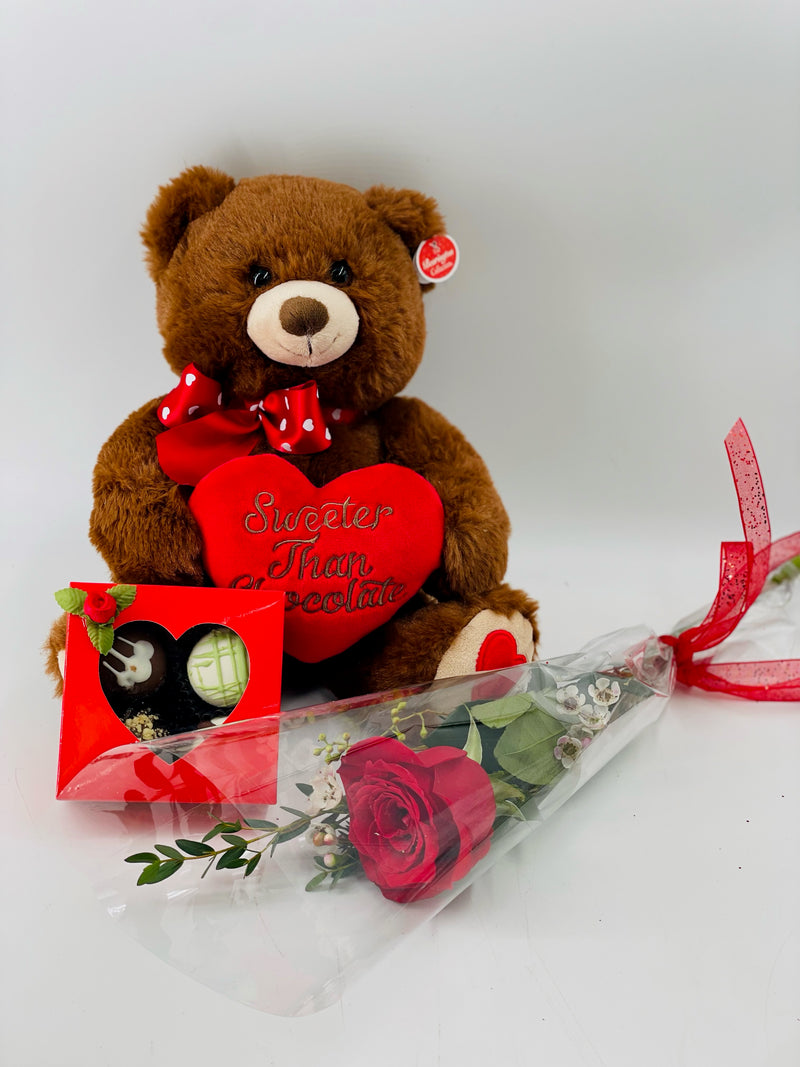 Spectacular Single Rose with Teddy bear and chocolate truffles