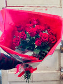 ONE DOZEN LONG STEM RED ROSE BOUQUET WRAPPED