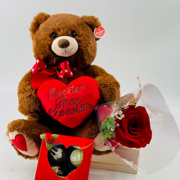 Spectacular Single Rose with Teddy bear and chocolate truffles