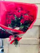 ONE DOZEN LONG STEM RED ROSE BOUQUET WRAPPED
