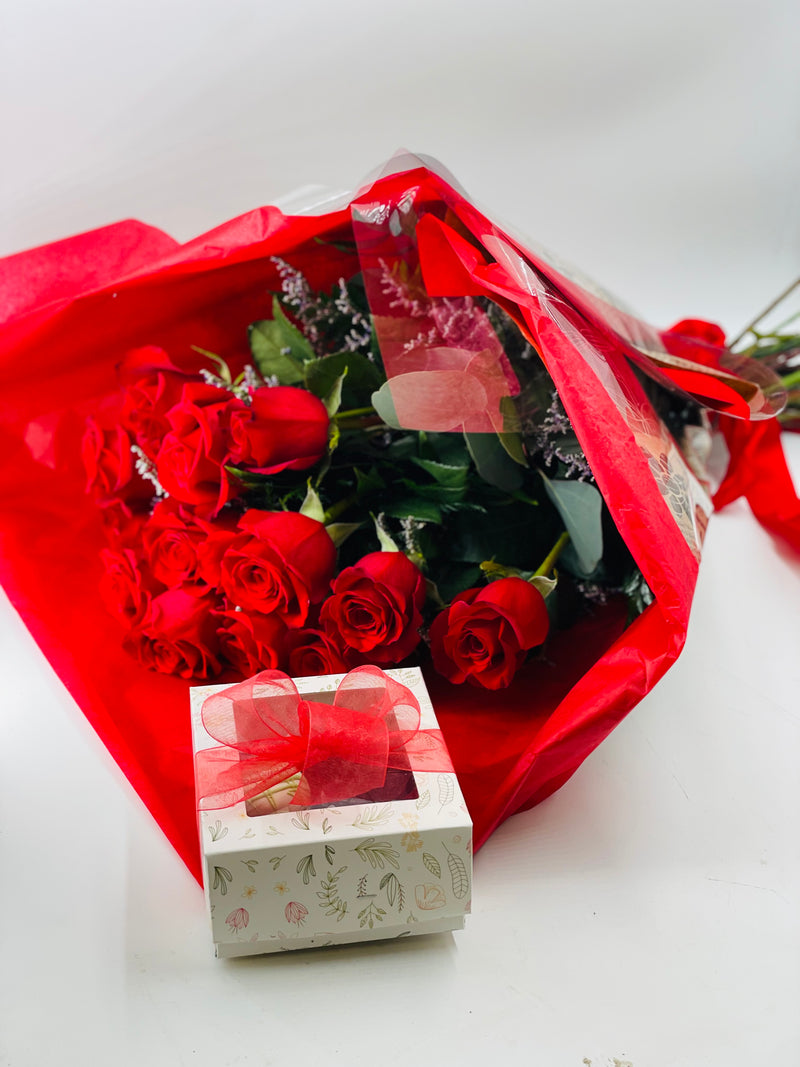 Dozen Red Roses Fancy Wrapped Dozen Long Stem Red Roses wrapped With Box of Chocolate